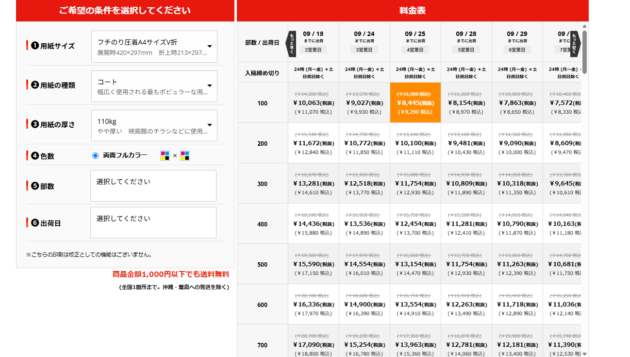 価格表から部数と出荷日が交差する価格をクリック