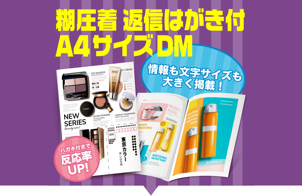 糊圧着 返信はがき付A4サイズDM 情報も文字サイズも大きく掲載！ハガキ付きで反応率UP!A4サイズだから通常のDMより情報量が倍！