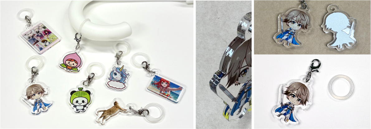 様々なサイズの目印チャームサンプル。透明アクリル厚さ3mm