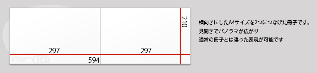 横向きにしたA4サイズを2つにつなげた冊子です。見開きでパノラマが広がり通常の冊子とは違った表現が可能です